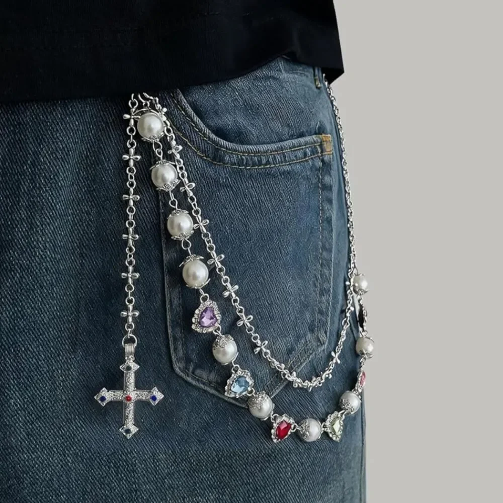 Pearl Cross Heart Pants Chain Gothic Y2K Skater Grunge Wallet Jean Chain